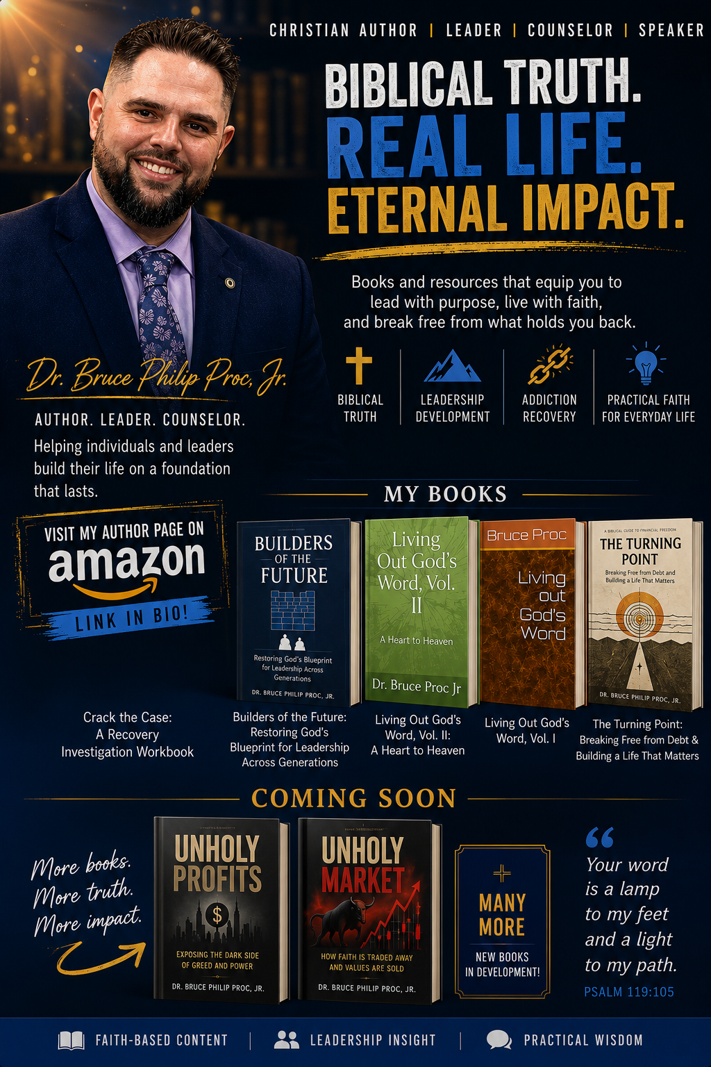 Dr. Bruce Proc Jr. with a collection of his books